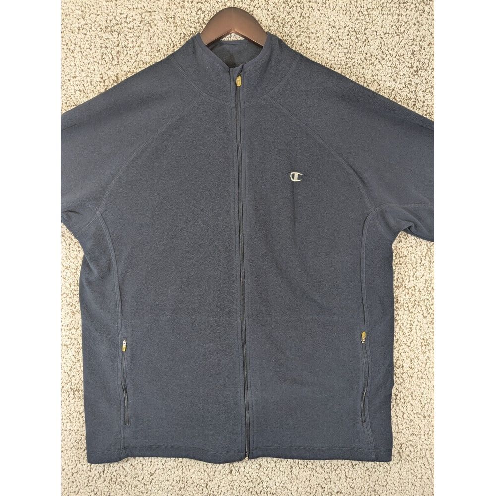 CHAMPION Fleece Full Zip JACKET Double Dry Men's Large Navy Blue Long Sleeves